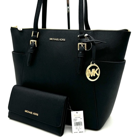 Michael Kors Large Charlotte TZ Tote Bag & Large Trifold Wallet Black/Gold - Picture 1 of 14